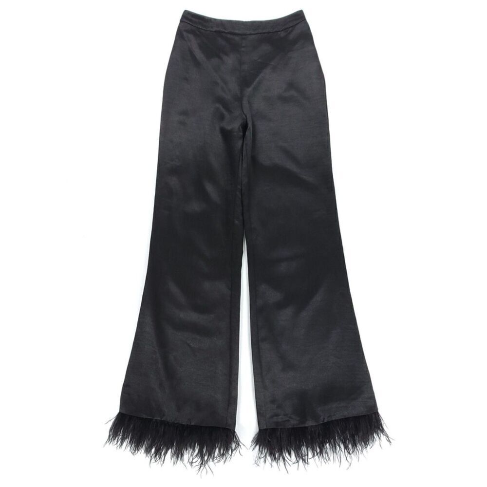 NEW House of Harlow Revolve Feather Trim Viviana Wide Leg Pant Black Satin Small